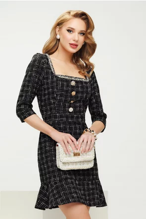 Rochie eleganta Fofy din tweed negru premium cu decolteu patrat si nasturi bijuterie