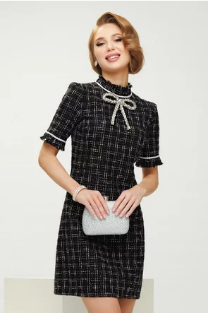 Rochie eleganta Fofy din tweed negru premium cu fundita spectaculoasa din cristale