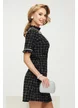 Rochie eleganta Fofy din tweed negru premium cu fundita spectaculoasa din cristale
