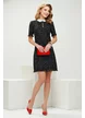 Rochie eleganta Fofy din tweed negru premium in carouri cu fundite laterale si nasturi decorativi