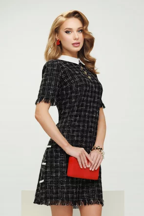 Rochie eleganta Fofy din tweed negru premium in carouri cu fundite laterale si nasturi decorativi