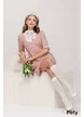 Rochie eleganta Fofy din tweed roz premium cu jabou dantelat si guler alb