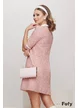 Rochie eleganta Fofy din tweed roz premium cu jabou dantelat si guler alb
