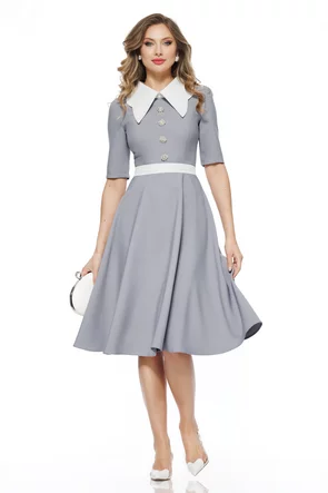 Rochie eleganta Fofy gri cu guler retro si nasturi cu strassuri