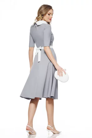 Rochie eleganta Fofy gri cu guler retro si nasturi cu strassuri