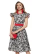  Rochie eleganta Fofy midi  alba cu imprimeu negru floral și accente roșii