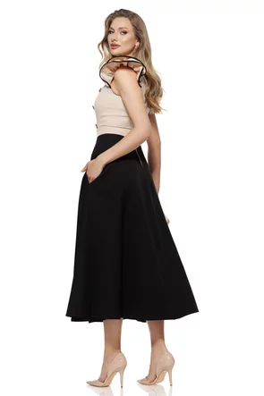 Rochie eleganta Fofy midi, bej cu negru, volane umeri si nasturi piept