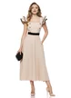 Rochie eleganta Fofy midi, bej volane umeri si nasturi piept