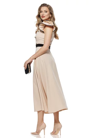 Rochie eleganta Fofy midi, bej volane umeri si nasturi piept