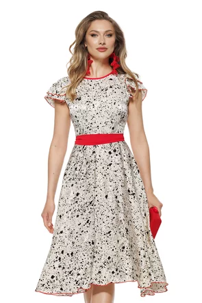 Rochie eleganta Fofy midi  ecru cu imprimeu negru și accente roșii