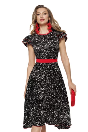 Rochie eleganta Fofy midi  neagră cu imprimeu alb și accente roșii