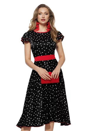 Rochie eleganta Fofy midi  neagră cu imprimeubuline medii albe