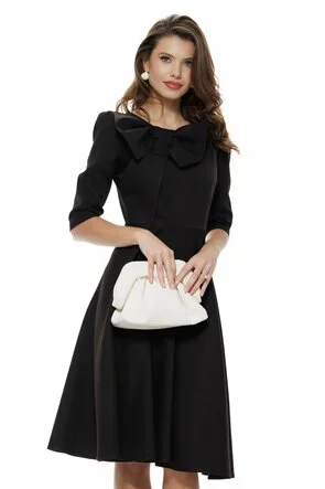 Rochie damă elegantă neagra Fofy clos cu fundă maxi și croi feminin fluid