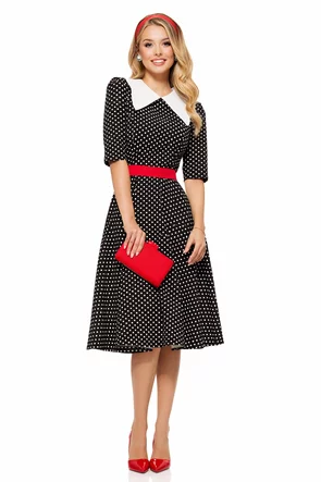 Rochie eleganta Fofy neagra cu buline si guler retro