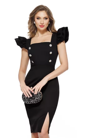 Rochie eleganta Fofy neagra cu  decolteu patrat volane si nasturi bijuterie