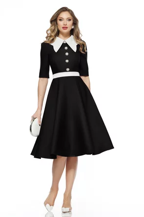 Rochie eleganta Fofy neagra cu guler retro si nasturi cu strassuri