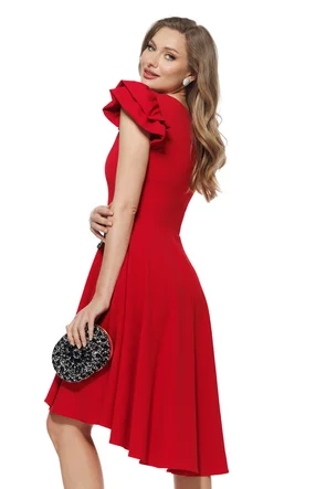 Rochie eleganta Fofy rosie cu pliuri volane si fundita din margele