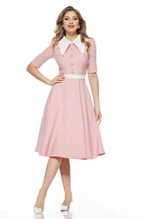 Rochie eleganta Fofy roz cu guler retro si nasturi cu strassuri