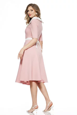 Rochie eleganta Fofy roz cu guler retro si nasturi cu strassuri