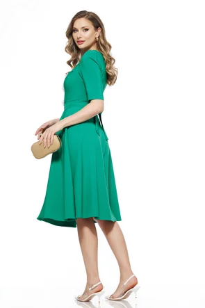 Rochie eleganta Fofy verde croi retro cu floricele bijuterie