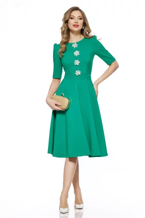 Rochie eleganta Fofy verde croi retro cu floricele bijuterie