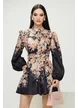 Rochie eleganta imprimeu floral bohemian negru cu nasturi bijuterie diferiti