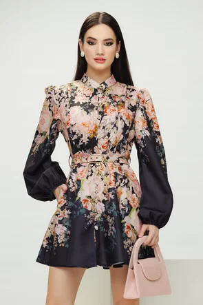 Rochie eleganta imprimeu floral bohemian negru cu nasturi bijuterie diferiti