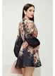 Rochie eleganta imprimeu floral bohemian negru cu nasturi bijuterie diferiti