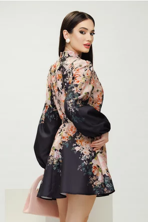 Rochie eleganta imprimeu floral bohemian negru cu nasturi bijuterie diferiti