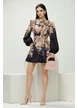 Rochie eleganta imprimeu floral bohemian negru cu nasturi bijuterie diferiti