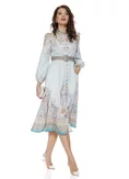 Rochie eleganta lunga baby blue cu imprimeu floral cu influente baroc si nasturi bijuterie picture - 1
