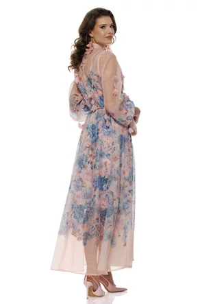 Rochie eleganta lunga din organza cu flori 3D si imprimeu floral baby blue