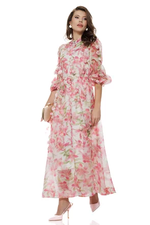 Rochie eleganta lunga din organza cu flori 3D si imprimeu floral roz