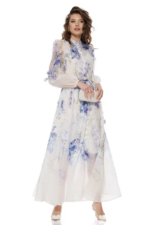 Rochie eleganta lunga din organza cu flori 3D si imprimeu floral violet 