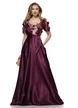 Rochie elegantă lunga din tafta pruna usor elastica cu bust din dantela premium cu flori 3D 