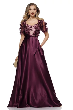 Rochie elegantă lunga din tafta pruna usor elastica cu bust din dantela premium cu flori 3D 