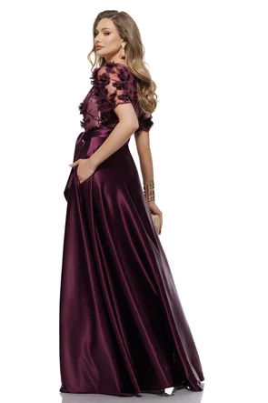 Rochie elegantă lunga din tafta pruna usor elastica cu bust din dantela premium cu flori 3D 