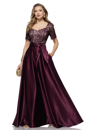 Rochie elegantă lunga din tafta pruna usor elastica cu bust din dantela premium cu paiete fine