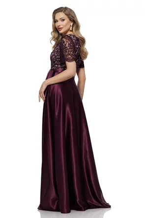 Rochie elegantă lunga din tafta pruna usor elastica cu bust din dantela premium cu paiete fine