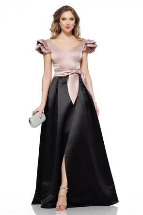 Rochie elegantă lunga din tafta usor elastica cu decolteu si volane la umeri