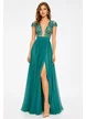 Rochie elegantă Fofy lungă verde smarald, cu bust din dantelă brodată și fustă din voal cu șliț