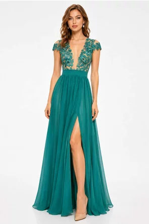Rochie elegantă Fofy lungă verde smarald, cu bust din dantelă brodată și fustă din voal cu șliț