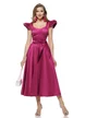 Rochie elegantă midi Fofy din tafta magenta premium decoltata si volane la umeri