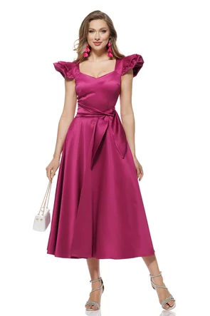 Rochie elegantă midi Fofy din tafta magenta premium decoltata si volane la umeri