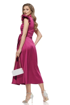 Rochie elegantă midi Fofy din tafta magenta premium decoltata si volane la umeri
