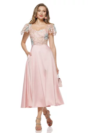 Rochie elegantă midi Fofy din tafta roz usor elastica cu bust din dantela premium