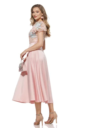 Rochie elegantă midi Fofy din tafta roz usor elastica cu bust din dantela premium