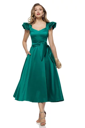 Rochie elegantă midi Fofy din tafta verde premium decoltata si volane la umeri