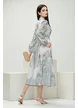 Rochie eleganta midi imprimeu floral bohemian crem cu nasturi bijuterie diferiti si curea
