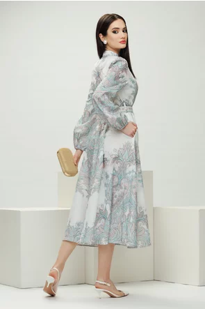 Rochie eleganta midi imprimeu floral bohemian crem cu nasturi bijuterie diferiti si curea